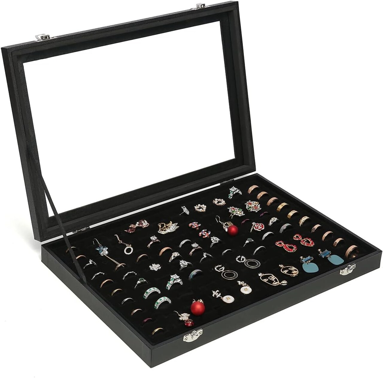 100 Slots Ring Display Case with Transparent Lid Ring Storage Box Ring Holder Case For Store Display Home Jewelry Storage Display Ring Organizer Earring Holder Display Tray